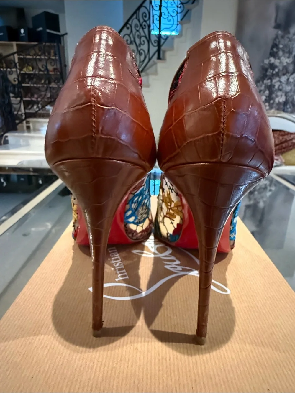 Christian Louboutin Blue and Green Embroidered Pointed Toe Pumps - Picture 6 of 8
